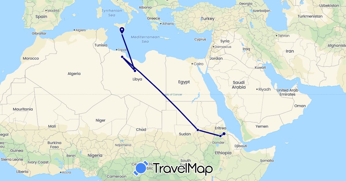 TravelMap itinerary: driving in Eritrea, Ethiopia, Libya, Malta, Sudan (Africa, Europe)
